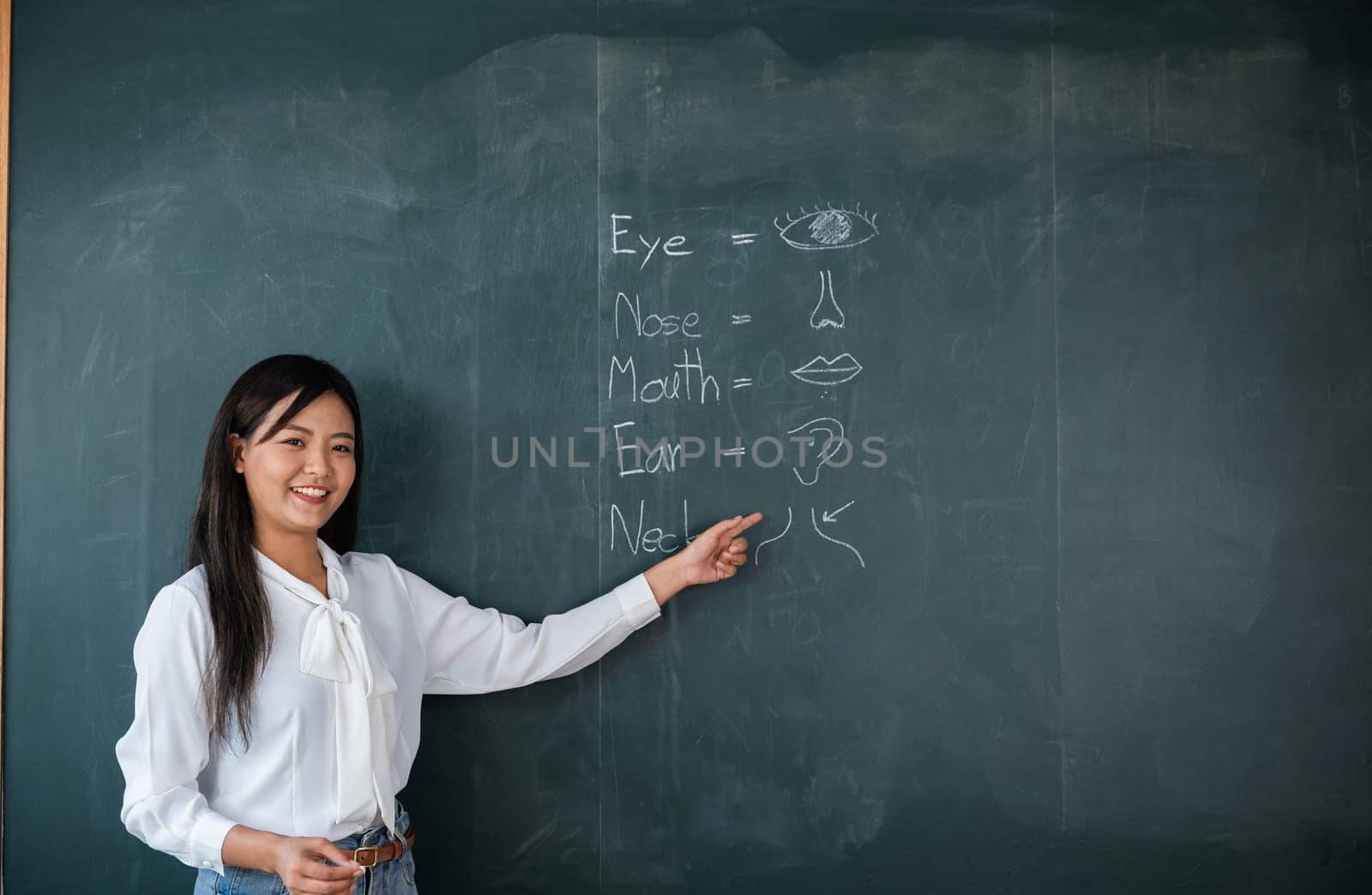 A woman is pointing to a blackboard with the words eye and mouth written on it