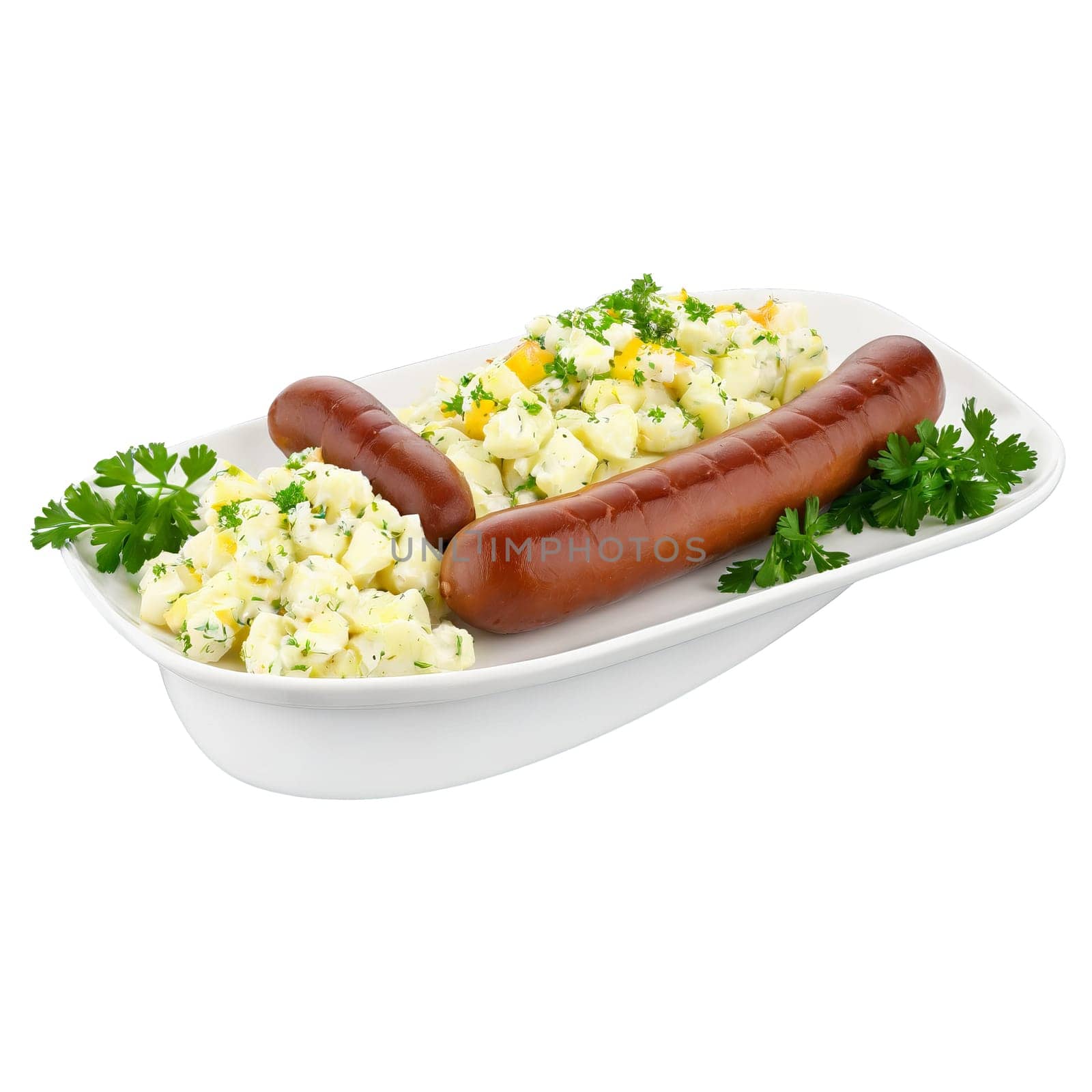 Knackwurst grilled and presented on a white porcelain plate with a side of potato salad. Food isolated on transparent background