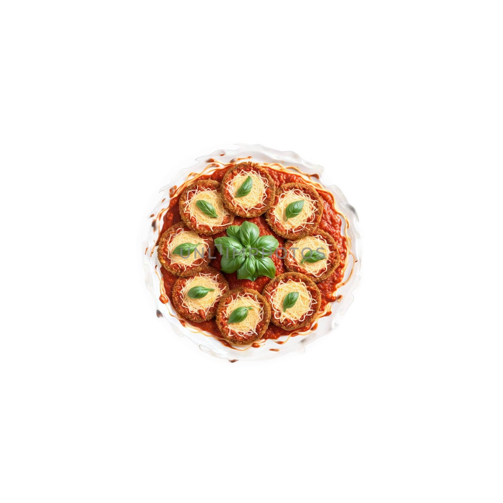 Eggplant Parmesan Mandala breaded eggplant slices with tomato sauce and melted cheese arranged in a. Food isolated on transparent background.