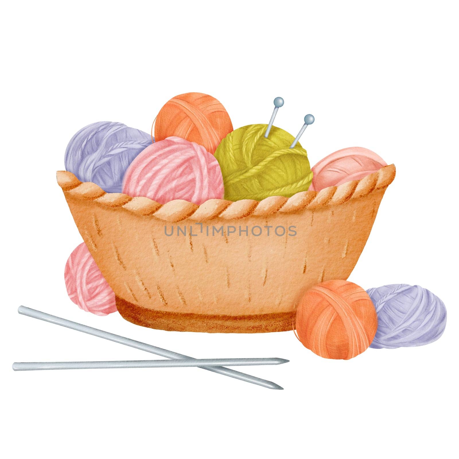 A comfortable setup featuring a woven basket filled with assorted yarn balls and knitting needles. Suitable for crafting websites, cozy home decor themes, or DIY-inspired designs. The watercolor illustration.