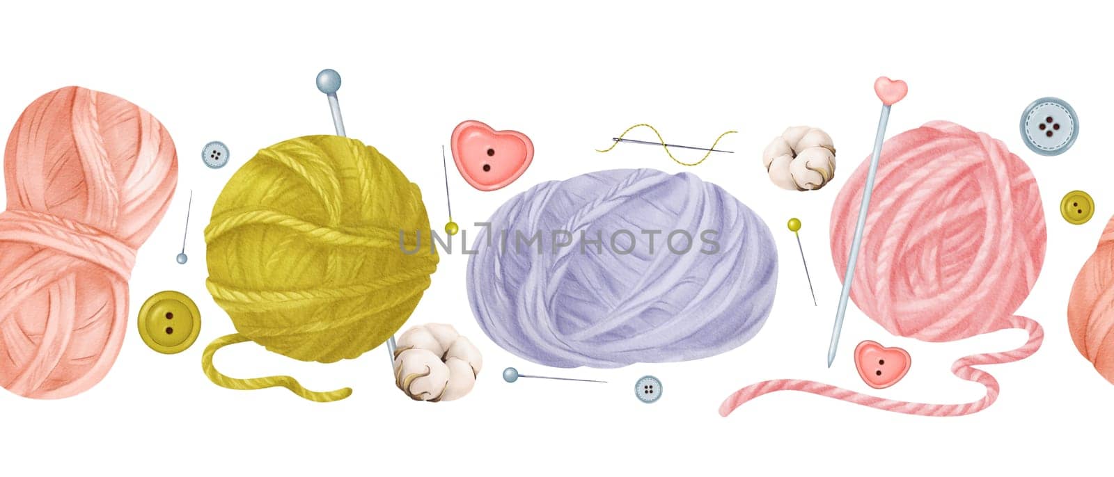 Seamless border with wool skeins, threads, buttons, cotton flower, knitting needles, and pins. Ideal for crafting blogs, knitting tutorials, or DIY-themed designs. Watercolor illustration.