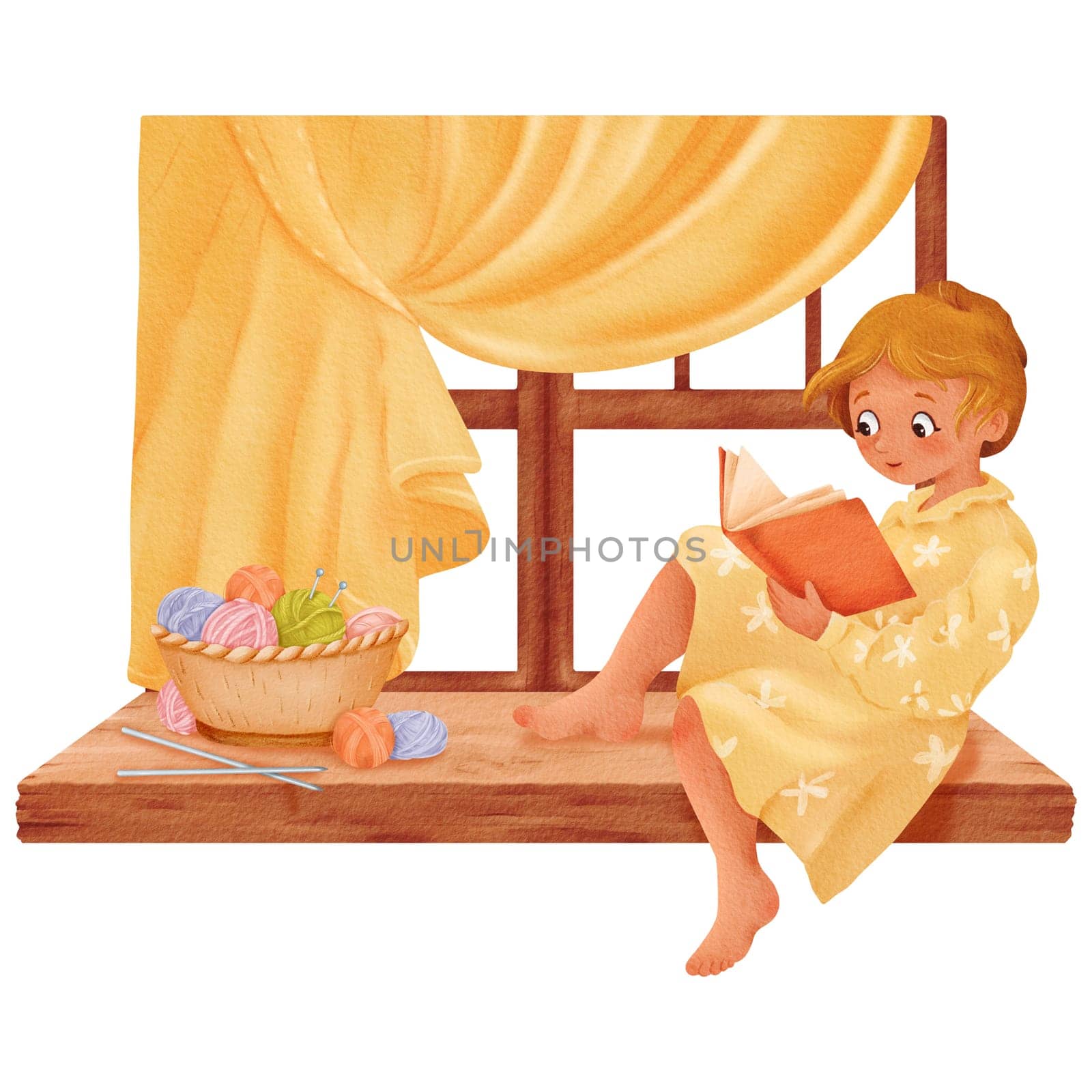 A composition portraying a girl seated by the window against a backdrop of satin curtains, a knitting book. A basket with multicolored yarn skeins on a wooden windowsill. Watercolor illustration.