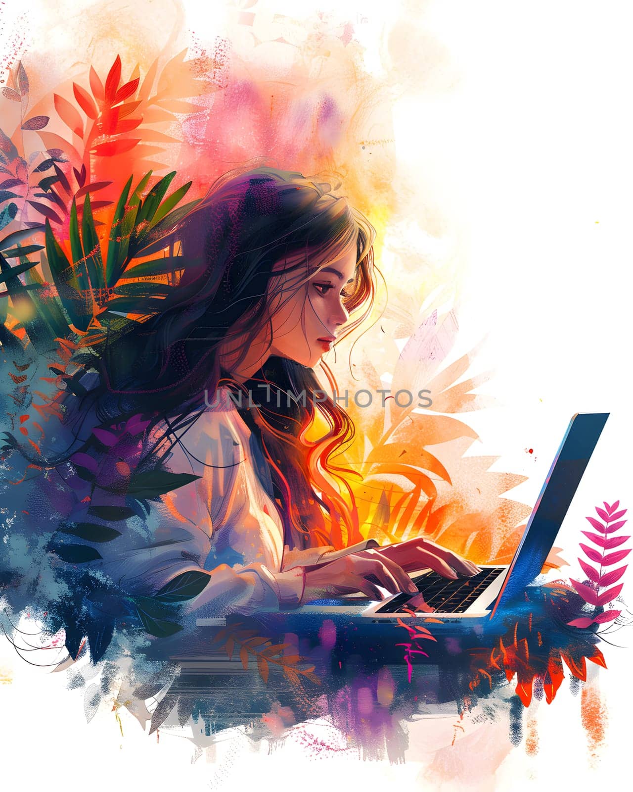 A happy woman painting under a tree with a laptop in an outdoor art event by Nadtochiy