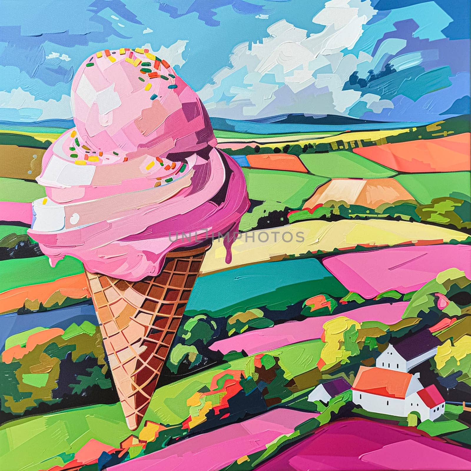 Fun oil fine art painting, ice cream in English country style, printable art design by Anneleven