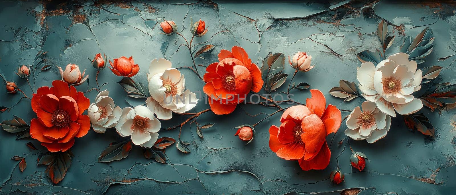 Vintage painting depicting large flowers with delicate leaves. Selective soft focus.