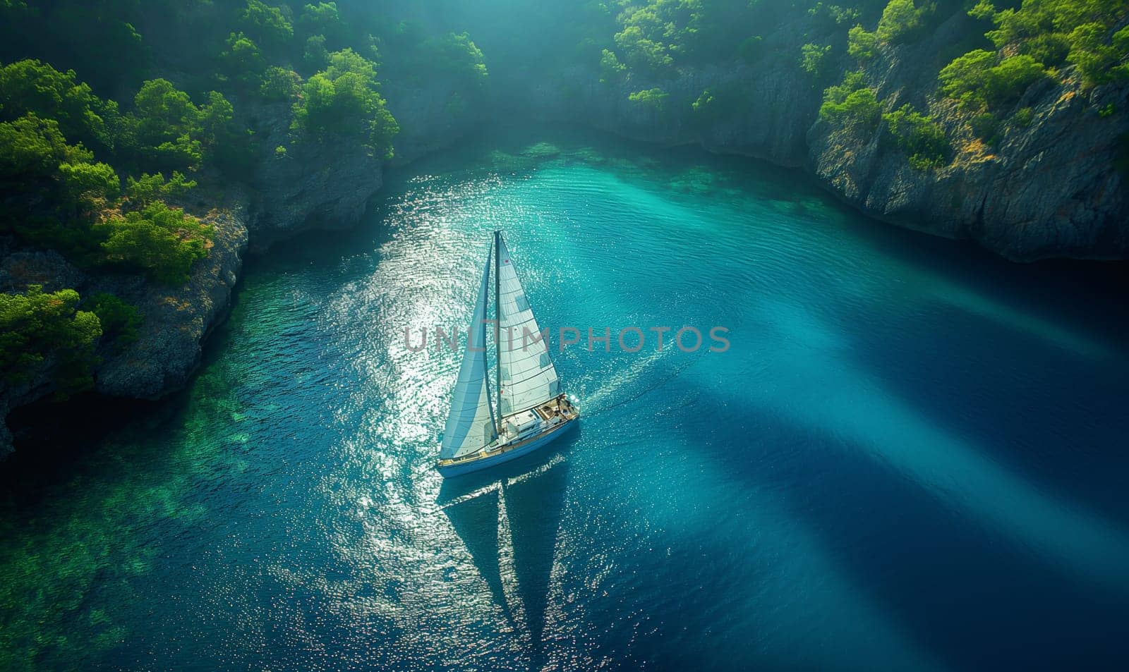 Sailboat Floats in Water at Sunset. Selective soft focus.