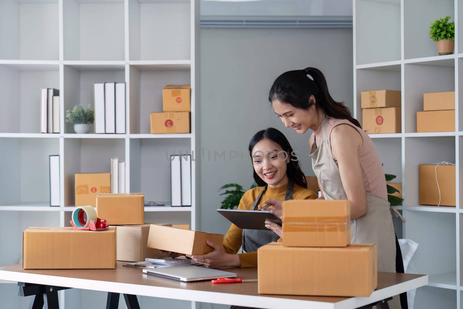 Asian women running a successful online business packaging orders and managing inventory. Concept of entrepreneurship, e-commerce, and teamwork.