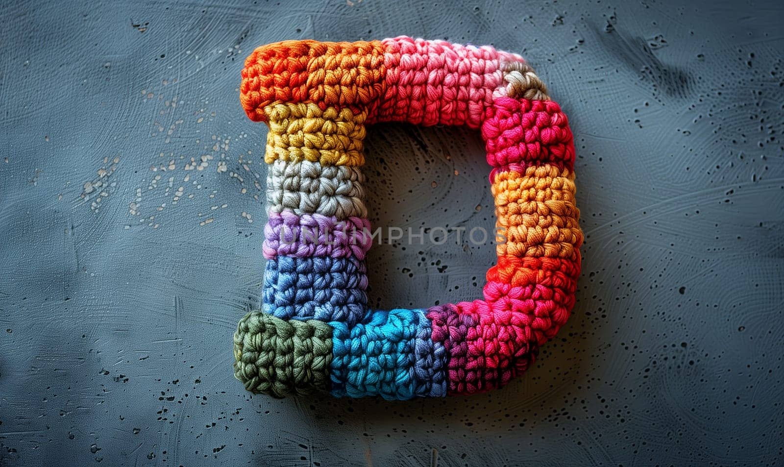Knitted colored letter D on an abstract background. Selective focus.