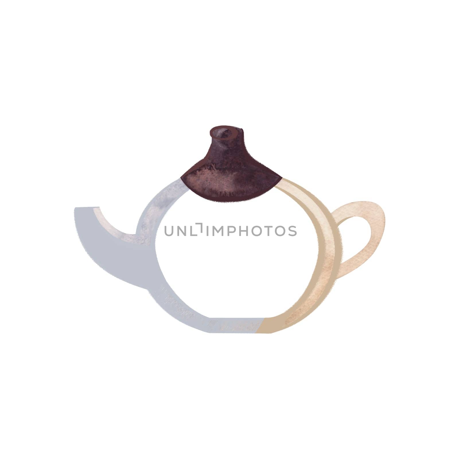 Empty transparent glass teapot with dark brown wooden lid in sketch style. Clipart. Isolated watercolor illustration on a white background for the design of menus, tea and coffee shops.