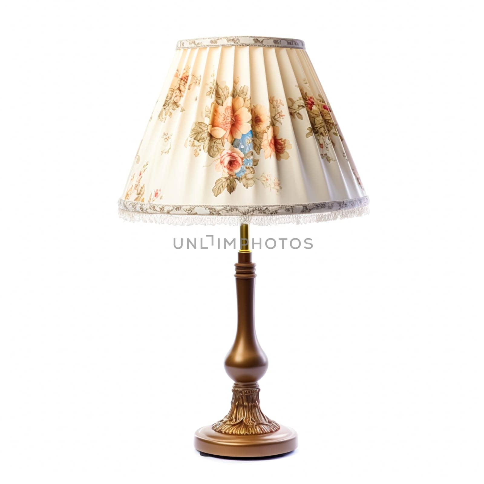 Vintage country style antique table lamp with a beautiful lampshade design isolated on white background, interior design and cottage home decor, post-processed, generative ai by Anneleven
