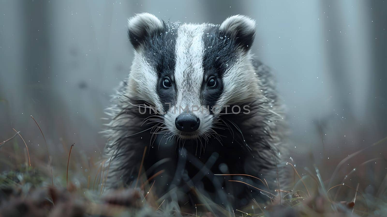 A terrestrial animal, with fur and whiskers, a badger is standing in the grass, looking at the camera. The organism resembles a dog breed in macro photography