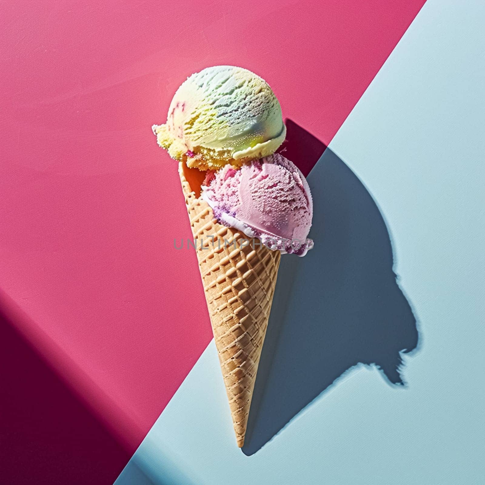 Scoops of ice cream in a waffle cone on a colorful background