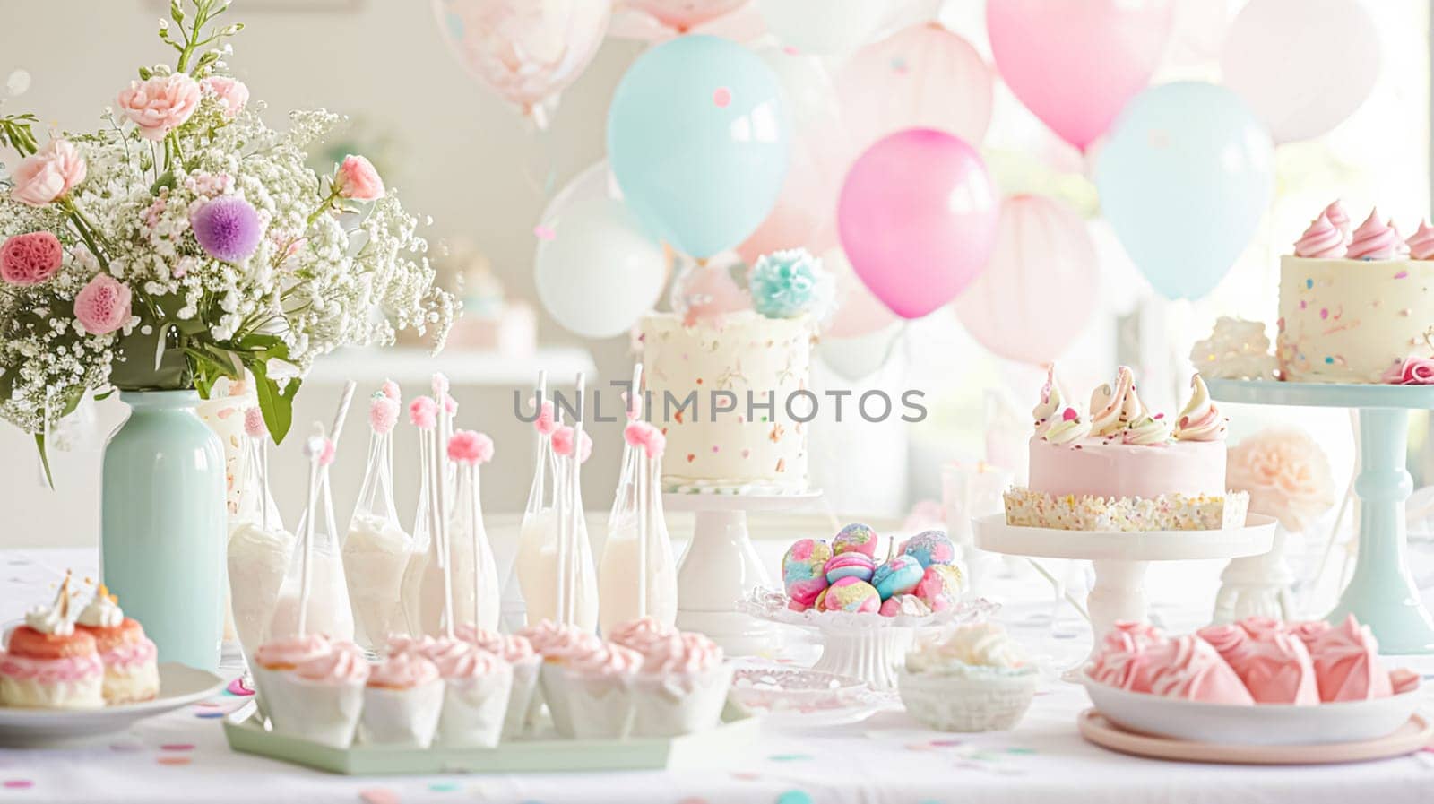 Birthday table decoration with sweets, flowers, candles and pink balloons. Selective focus