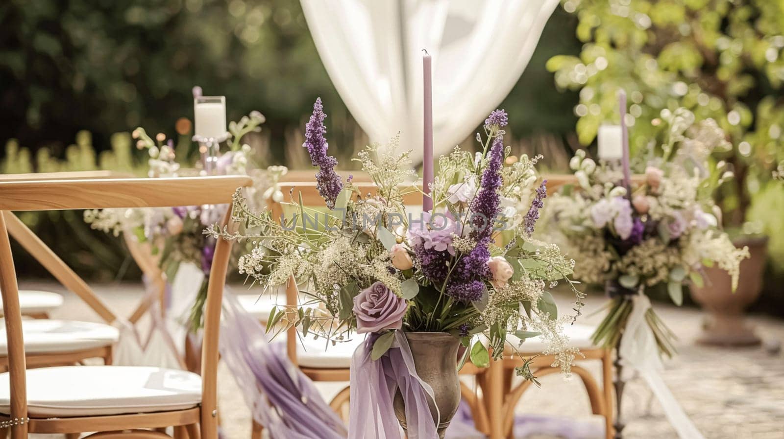 Wedding Ceremony Decorated with Lavender Flowers in the garden. Holiday concept