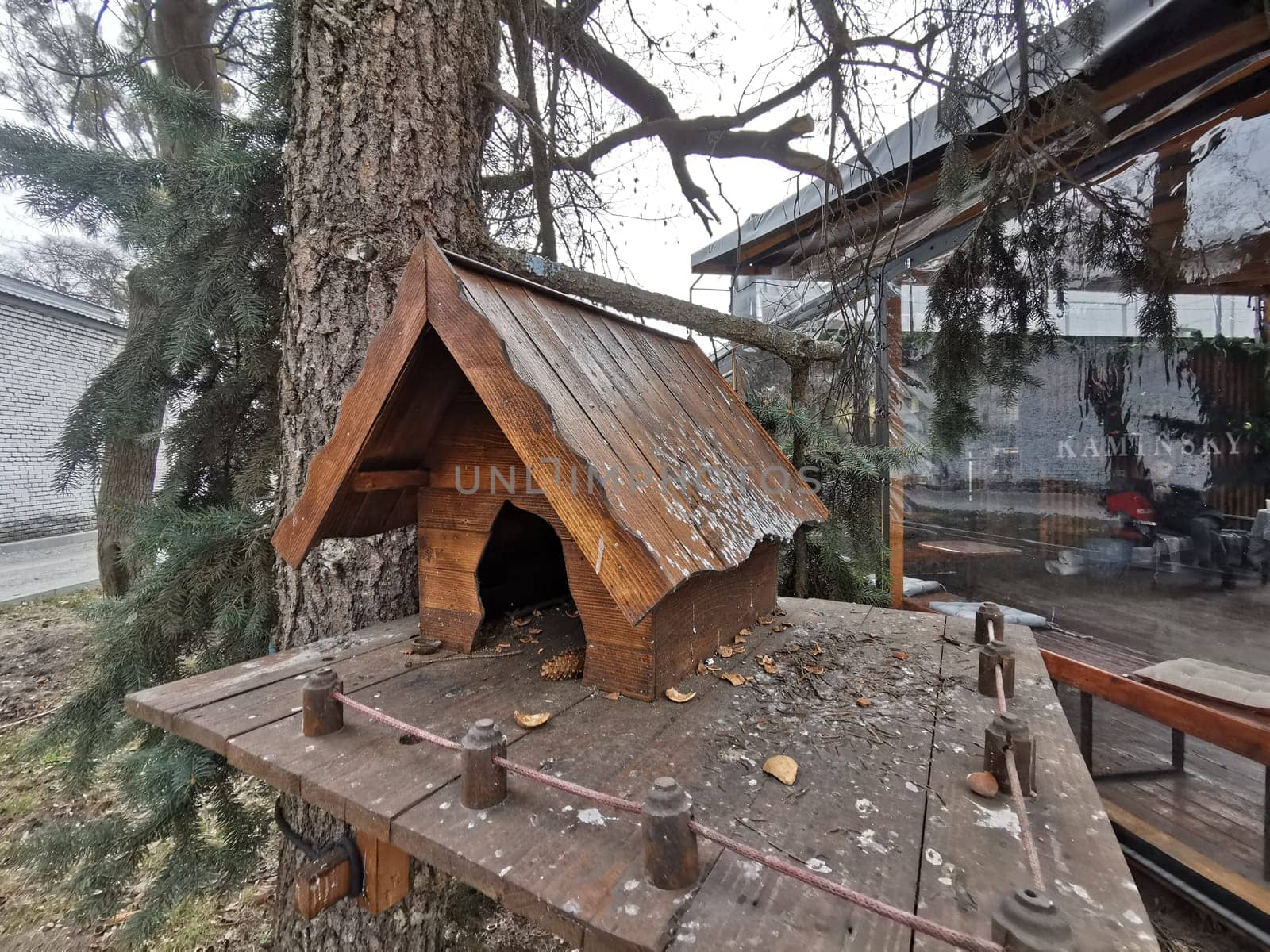 house in the forest for animals and birds. Wooden bird house in the summer park. on an tree stump. Old wooden feeder for birds on a tree, empty bird's feeder caring about wild birds in cold season. High quality photo