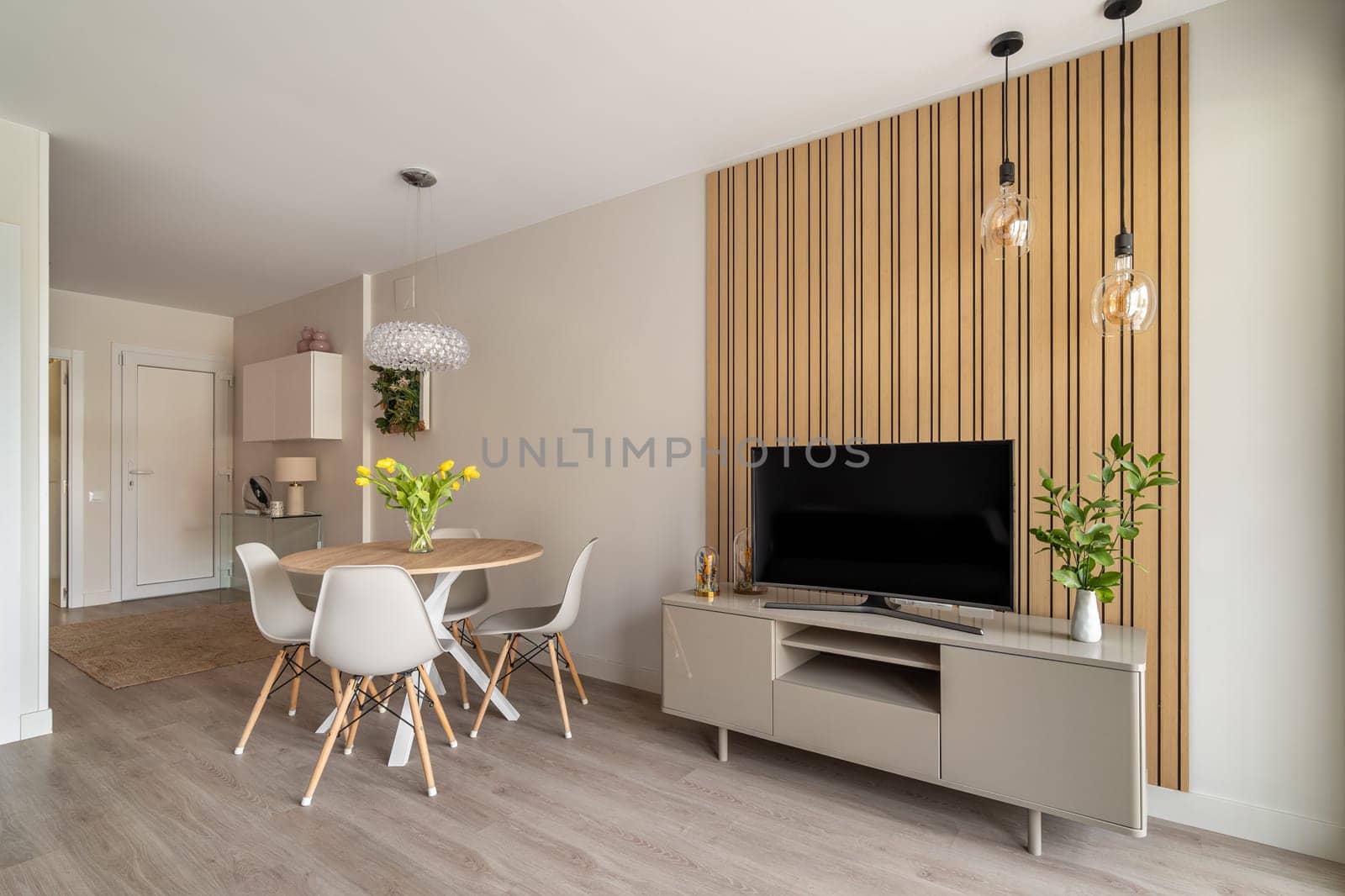 View of a modern dining area and TV wall unit, blending natural elements and contemporary design.