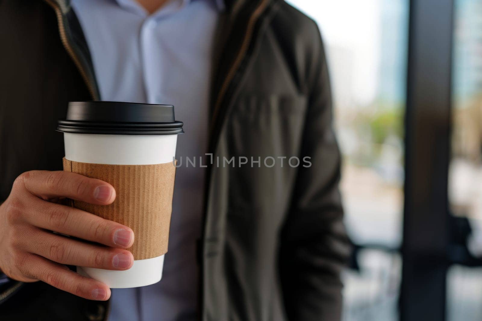 business man hold white paper coffee cup sleeves in office background. Generative ai..