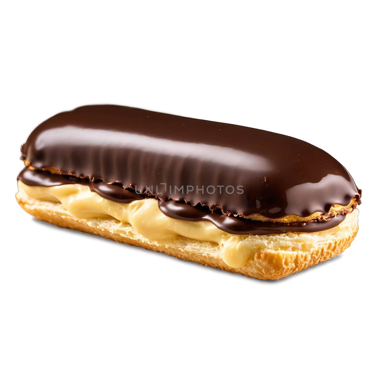 Chocolate eclair with rich ganache coating elongated shape delicate pastry creamy filling Culinary and Food. close-up cake, isolated on transparent background