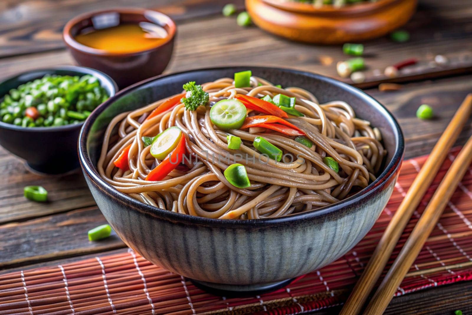 Soba noodles with mixed vegetables in ceramic bowl on wooden background. Ai generated by alenamoore