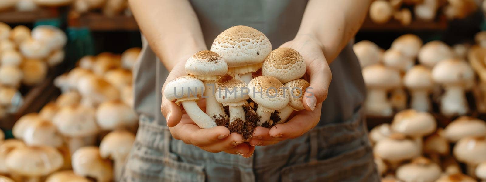 Champignon mushrooms in the hands of a woman in a greenhouse. Selective focus. nature.