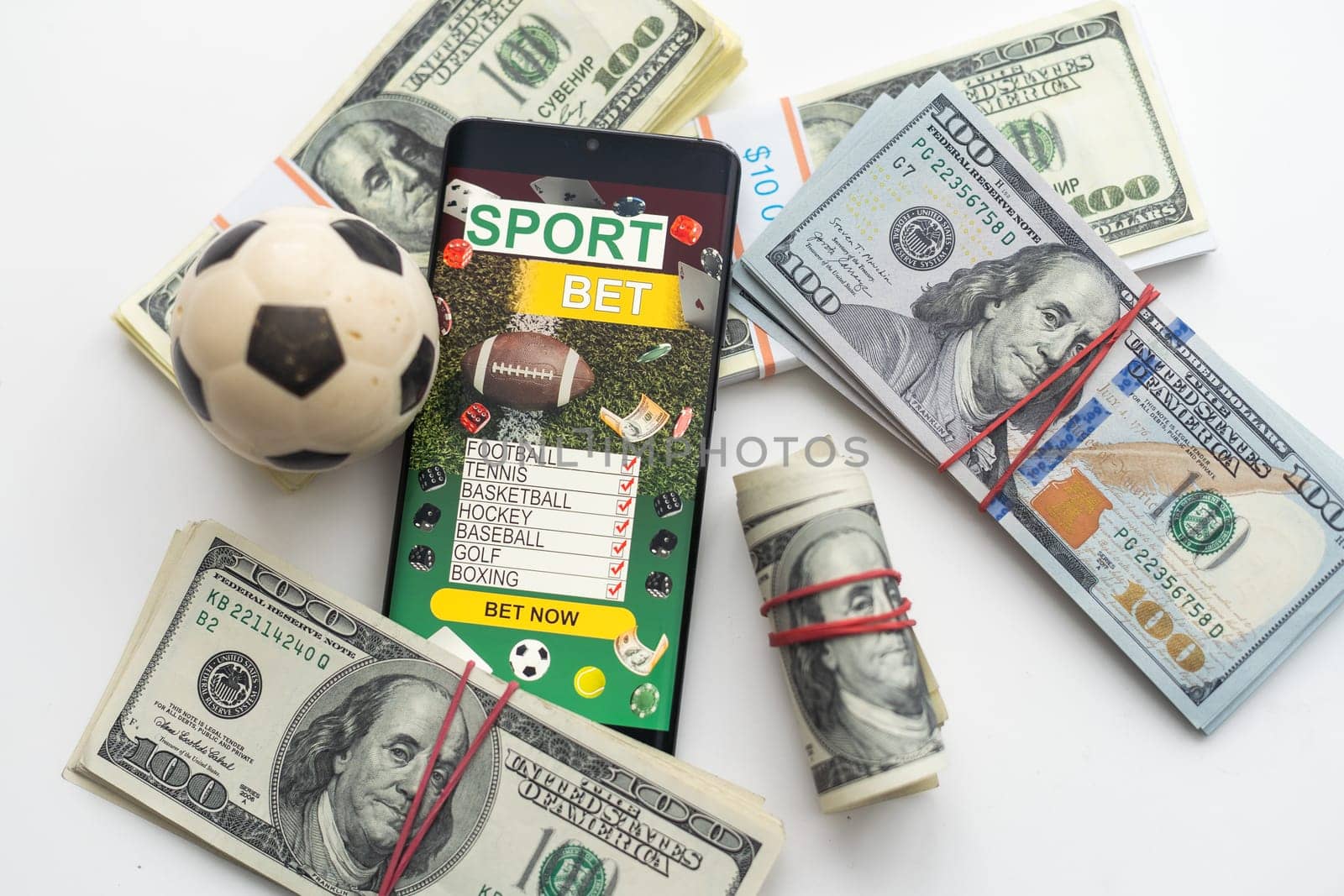 Sport betting online banner concept. app online bet on soccer. Mobile phone with soccer field on screen and realistik football ball in front. illustration. High quality photo