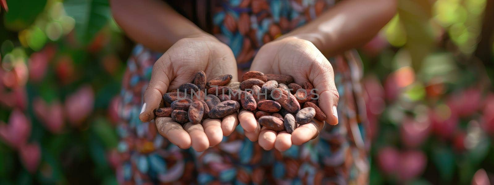 Cocoa beans harvest in the hands of a woman. Selective focus. nature.