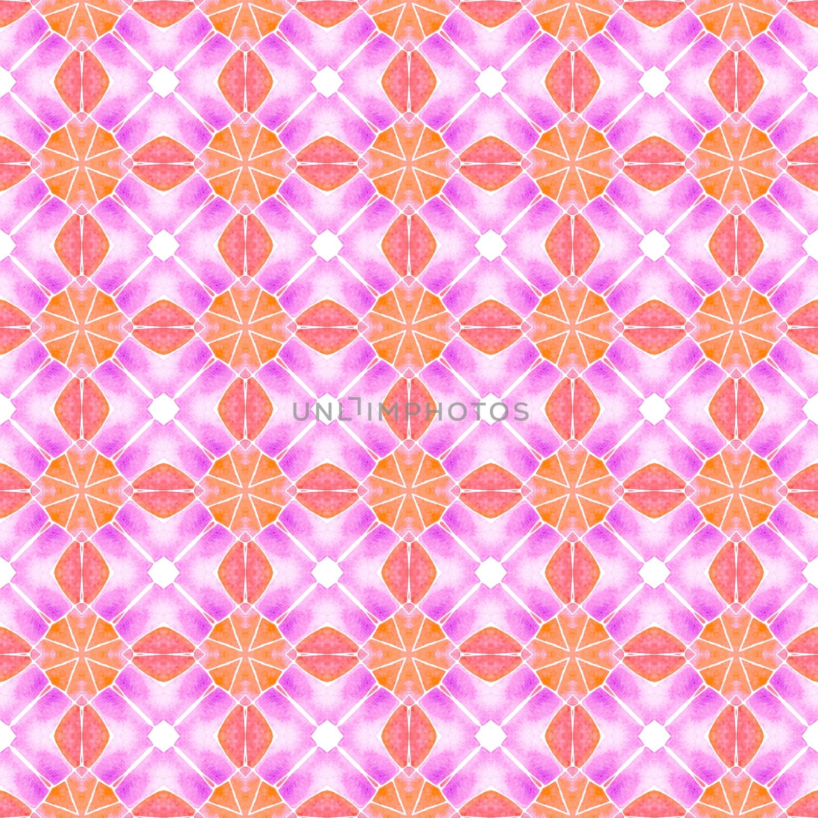 Textile ready overwhelming print, swimwear fabric, wallpaper, wrapping. Orange mesmeric boho chic summer design. Watercolor medallion seamless border. Medallion seamless pattern.