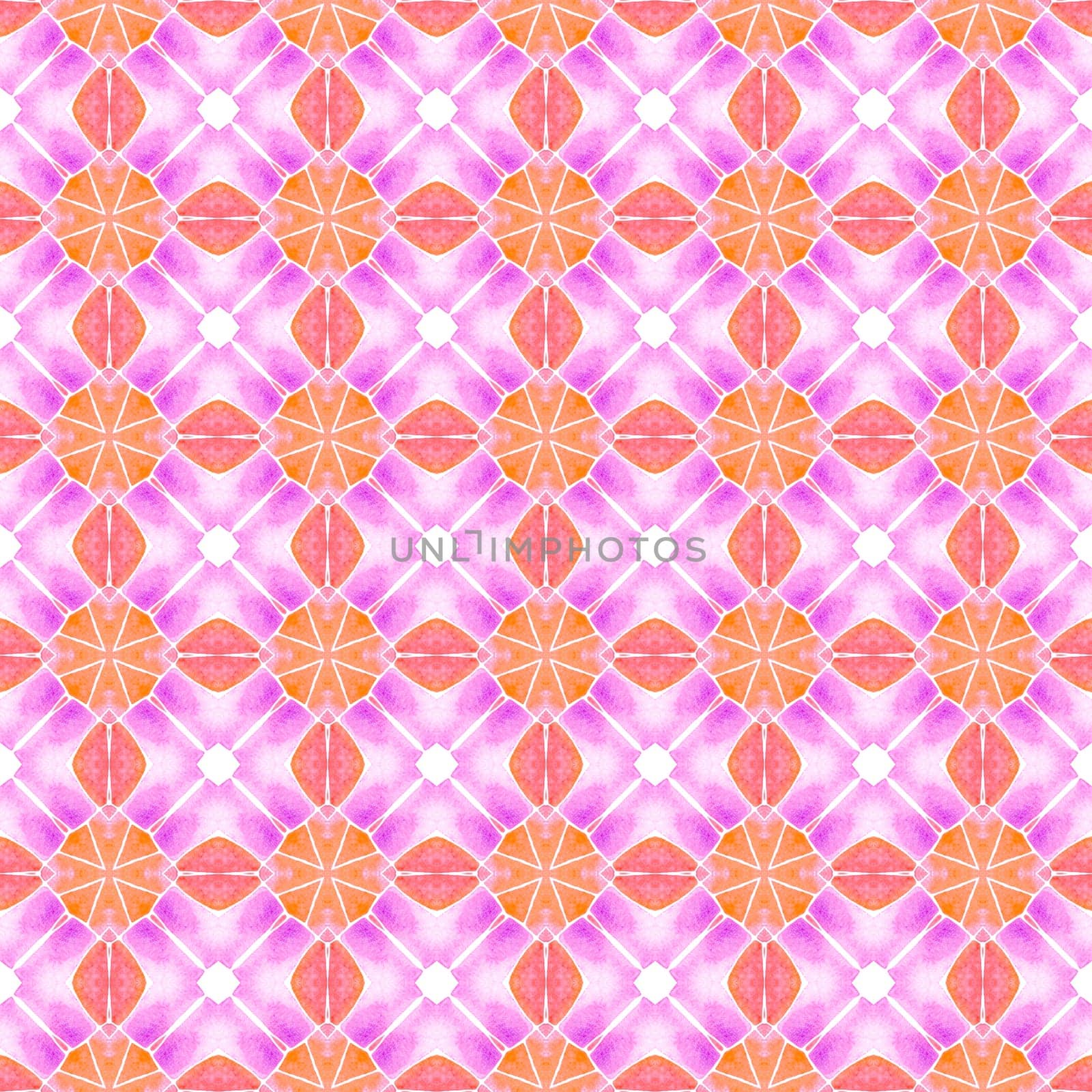 Textile ready overwhelming print, swimwear fabric, wallpaper, wrapping. Orange mesmeric boho chic summer design. Watercolor medallion seamless border. Medallion seamless pattern.