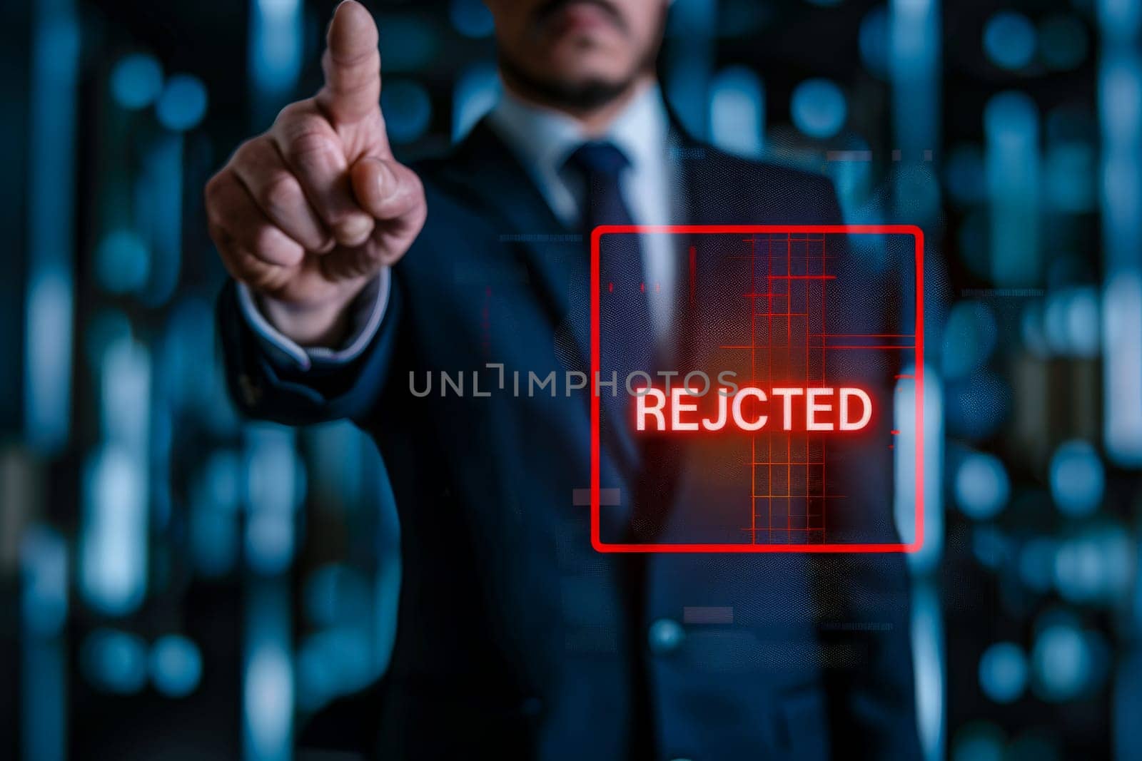 A businessman in a dark blue suit points at Rejected notification sign . Generative AI.