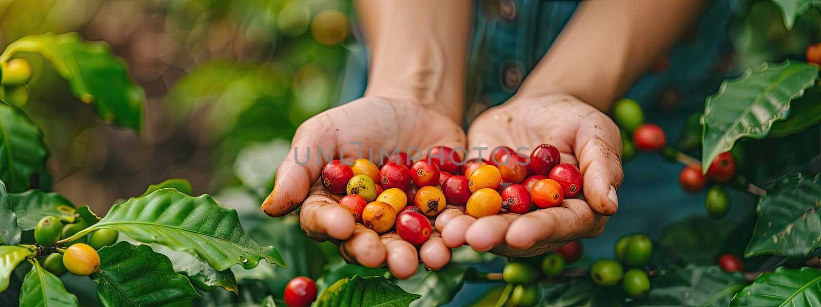 Coffee beans harvest in the hands of a woman. Selective focus. nature.