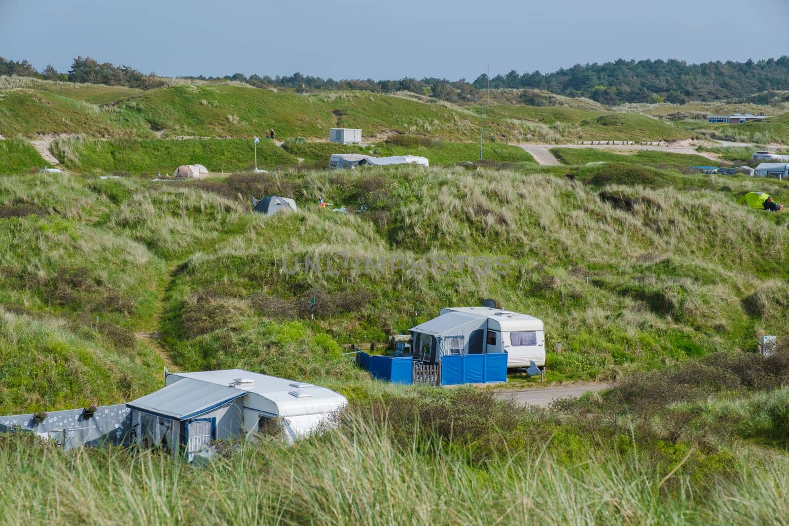 A scenic view of multiple recreational vehicles parked in a lush grassy area, blending harmoniously with nature in Texel, Netherlands.