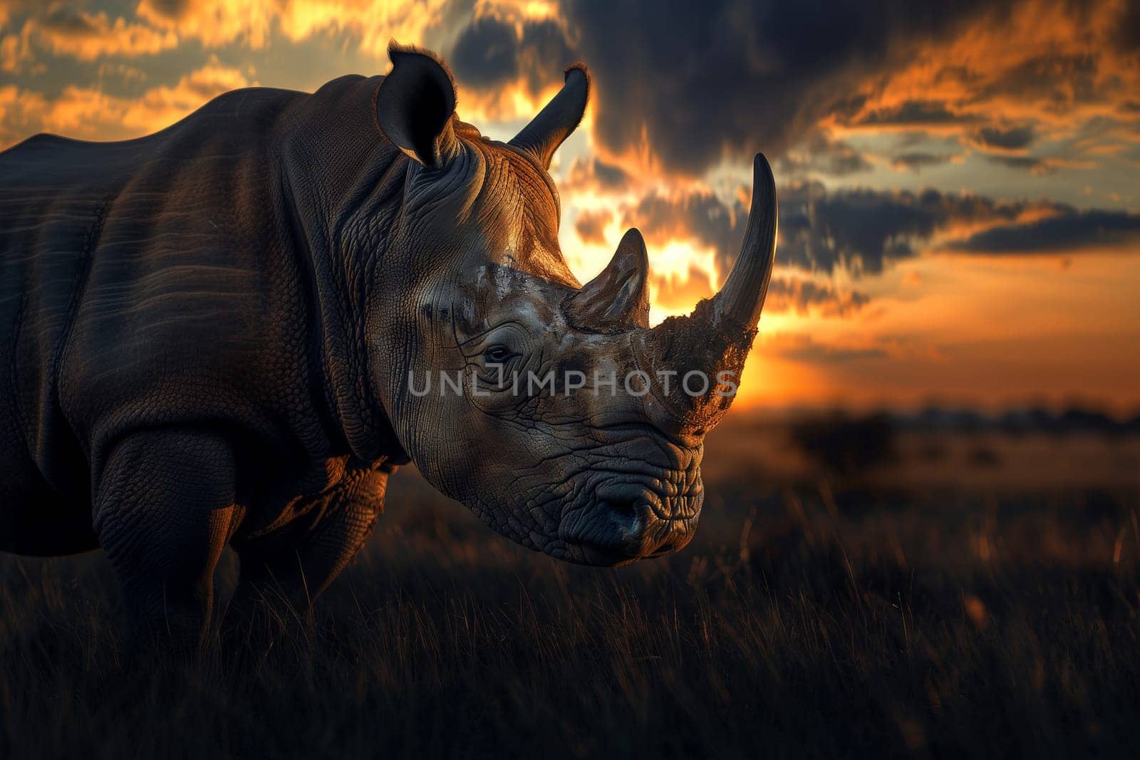 White huge wild rhinoceros standing on the savanna. AI generative.