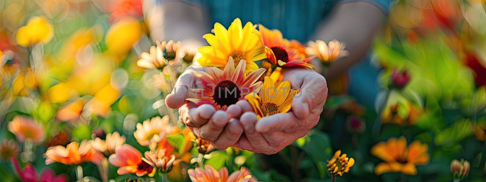 Various flowers in the garden in the hands of a woman. Selective focus. nature.