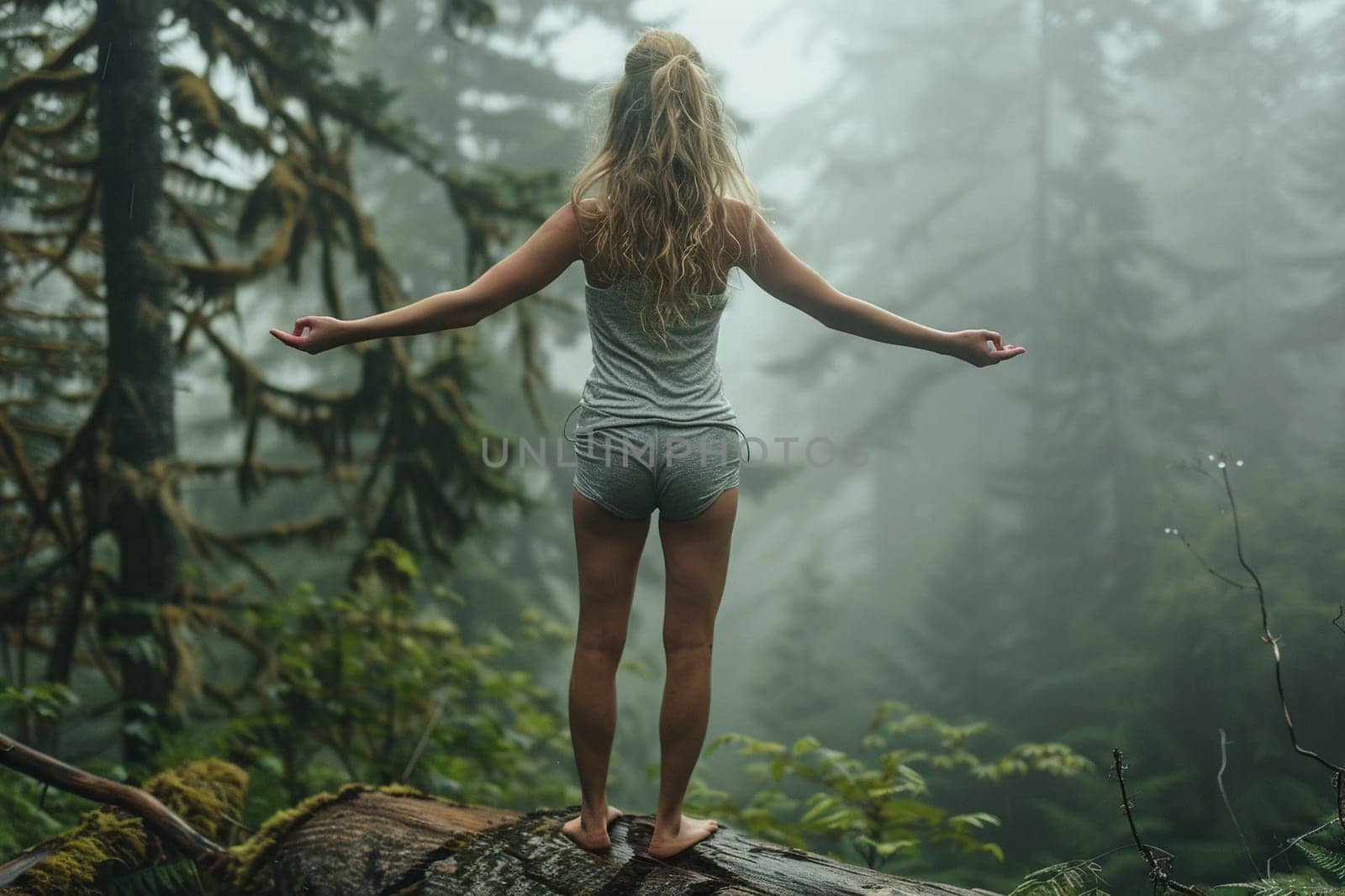 Young blonde woman doing yoga, fitness in nature on a foggy morning. Generated by artificial intelligence by Vovmar