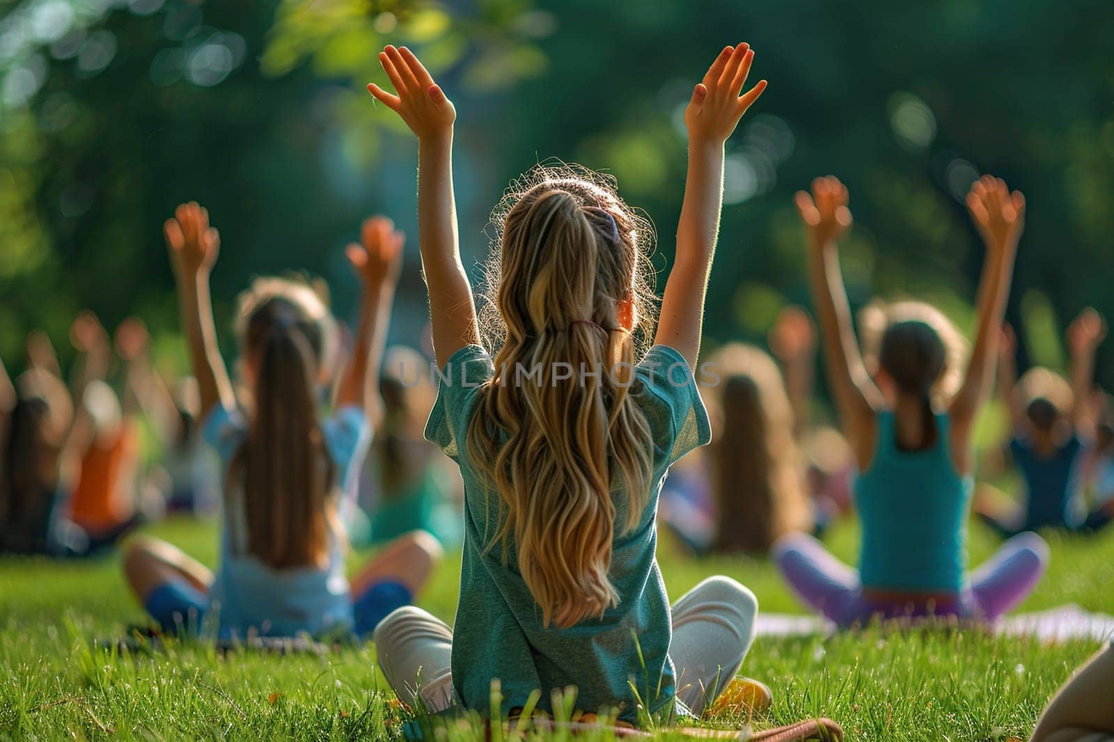 Rear view of a group of children sitting on the grass outdoors. The concept of children's gymnastics, fitness, sport.