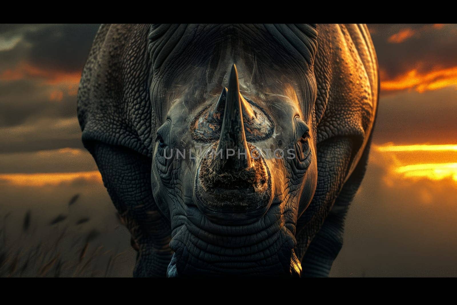 White huge wild rhinoceros standing on the savanna. AI generative.