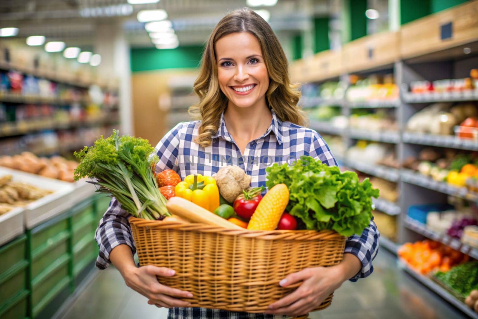 A young woman in the supermarket with a shopping basket full of vegetables. Ai generation image