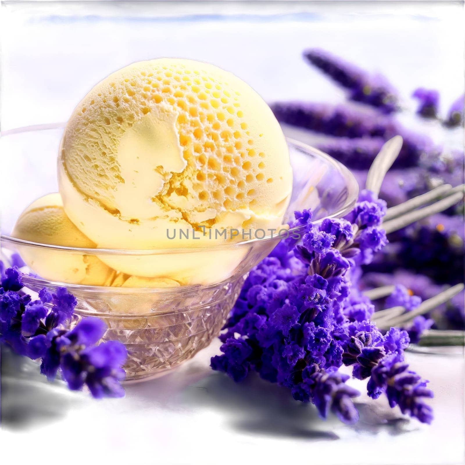 Lavender honey ice cream pale purple served in a clear glass dish garnished with a. close-up food, isolated on transparent background