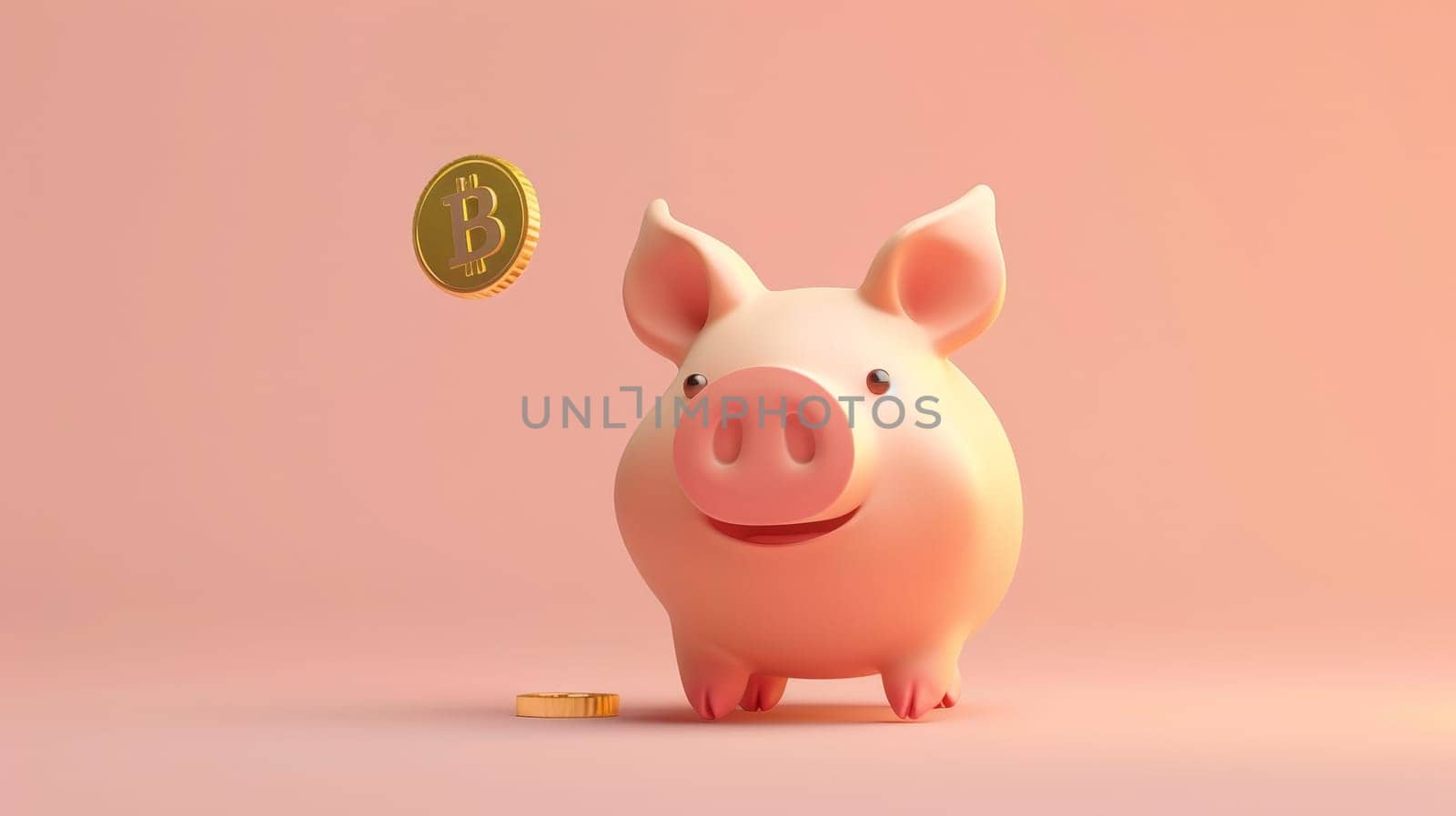 A pig with gold coin dropping, Gold coins drop down to a pink piggy, 3D illustration minimalistic style.