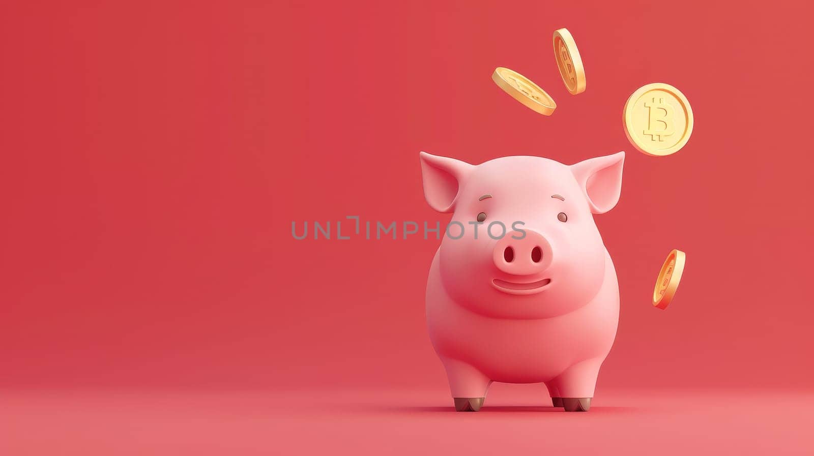 A pig with gold coin dropping, Gold coins drop down to a pink piggy, 3D illustration minimalistic style.