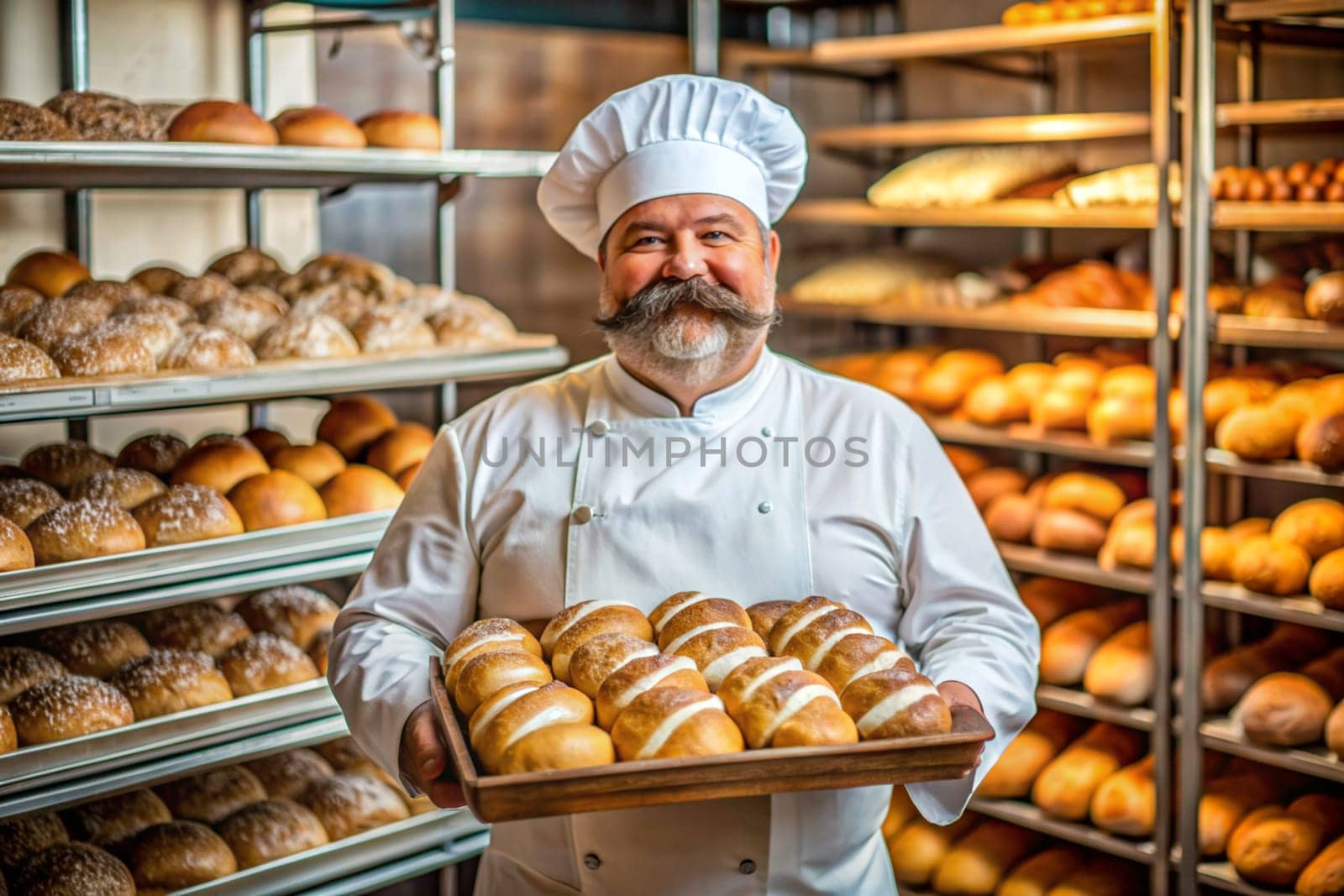 Kind baker with a mustache holding a basket full of a variety of baked bread. Ai generated image