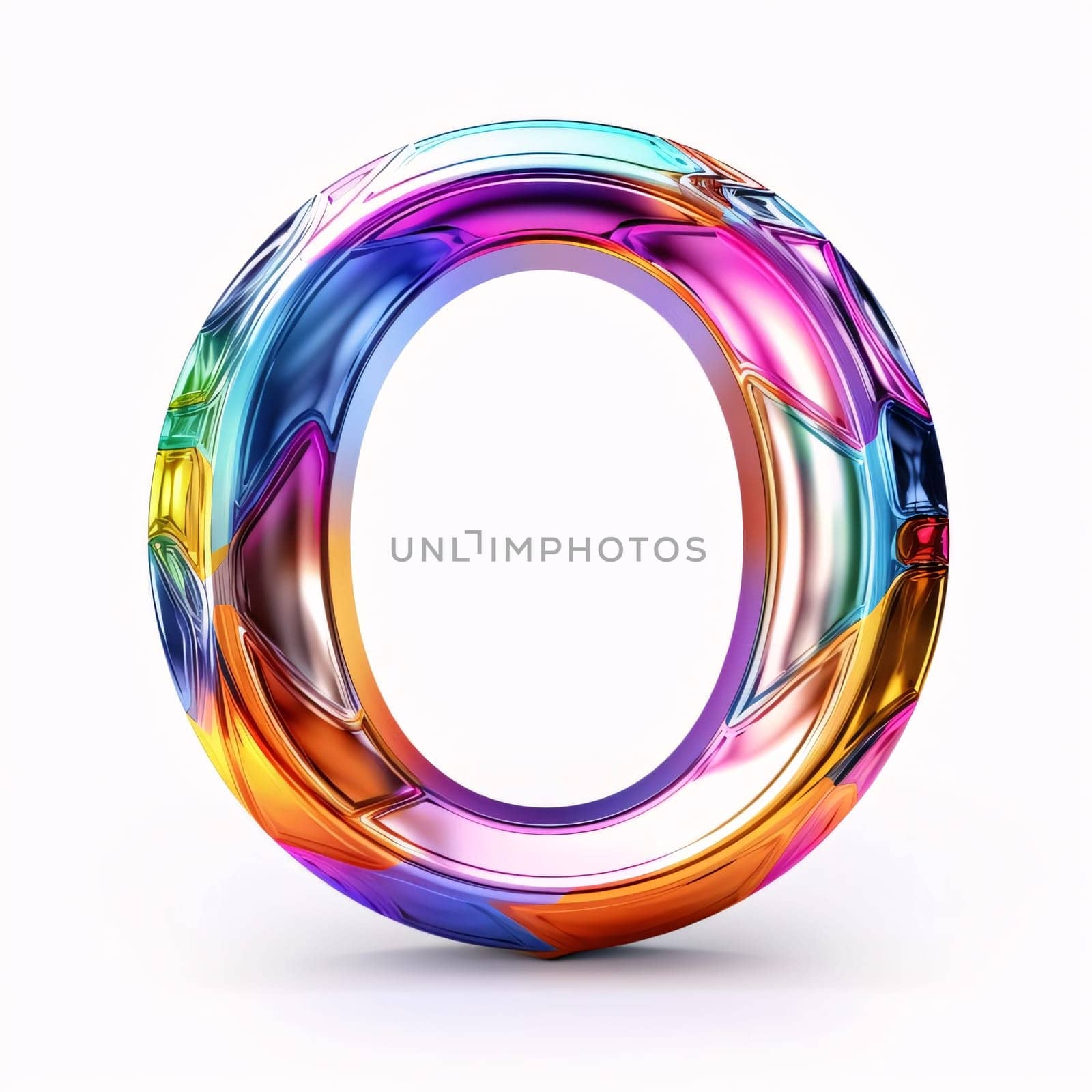 Letter O. 3D render transparent plastic font with colorful glass reflections isolated on white background by ThemesS