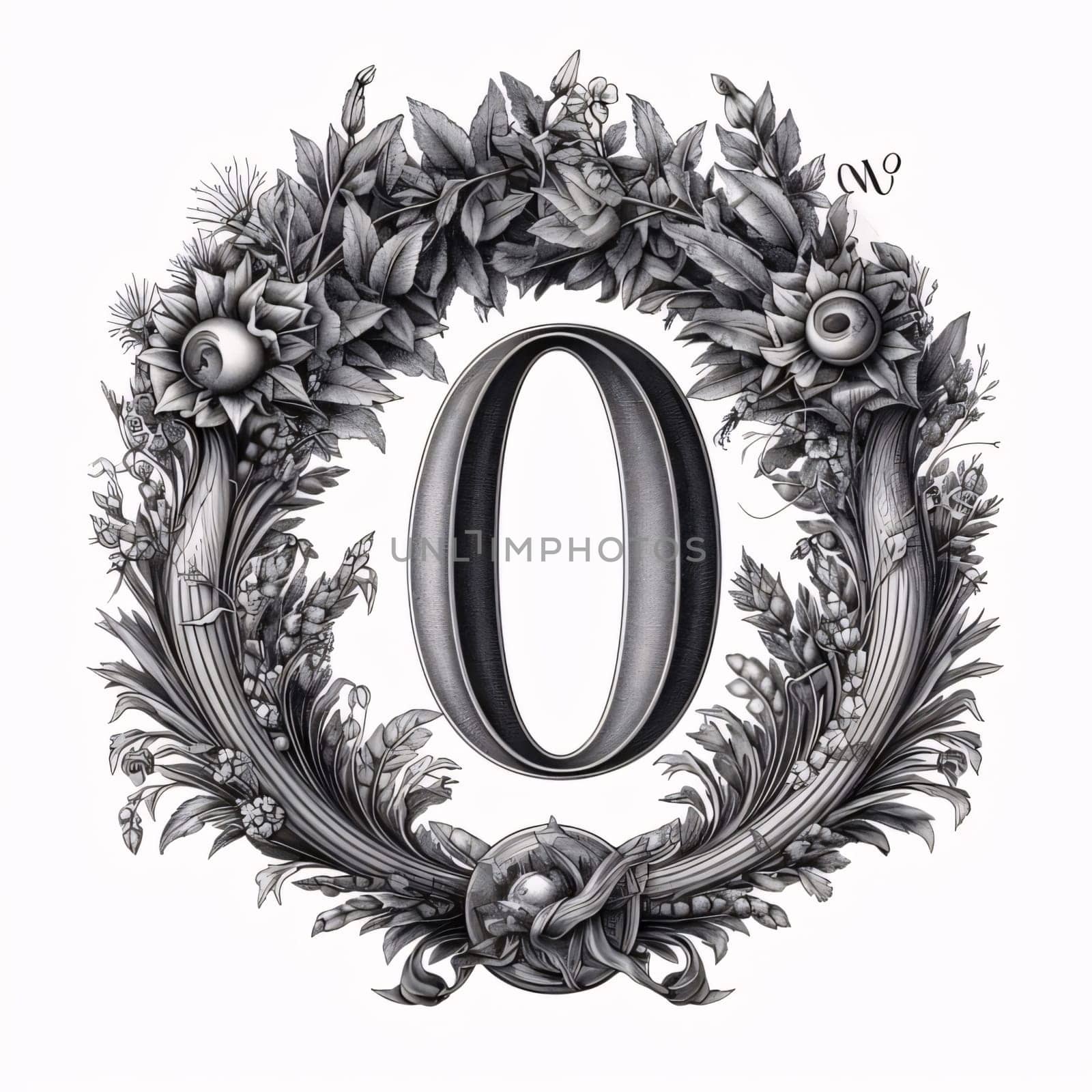 Graphic alphabet letters: letter O in vintage baroque frame isolated on white background.
