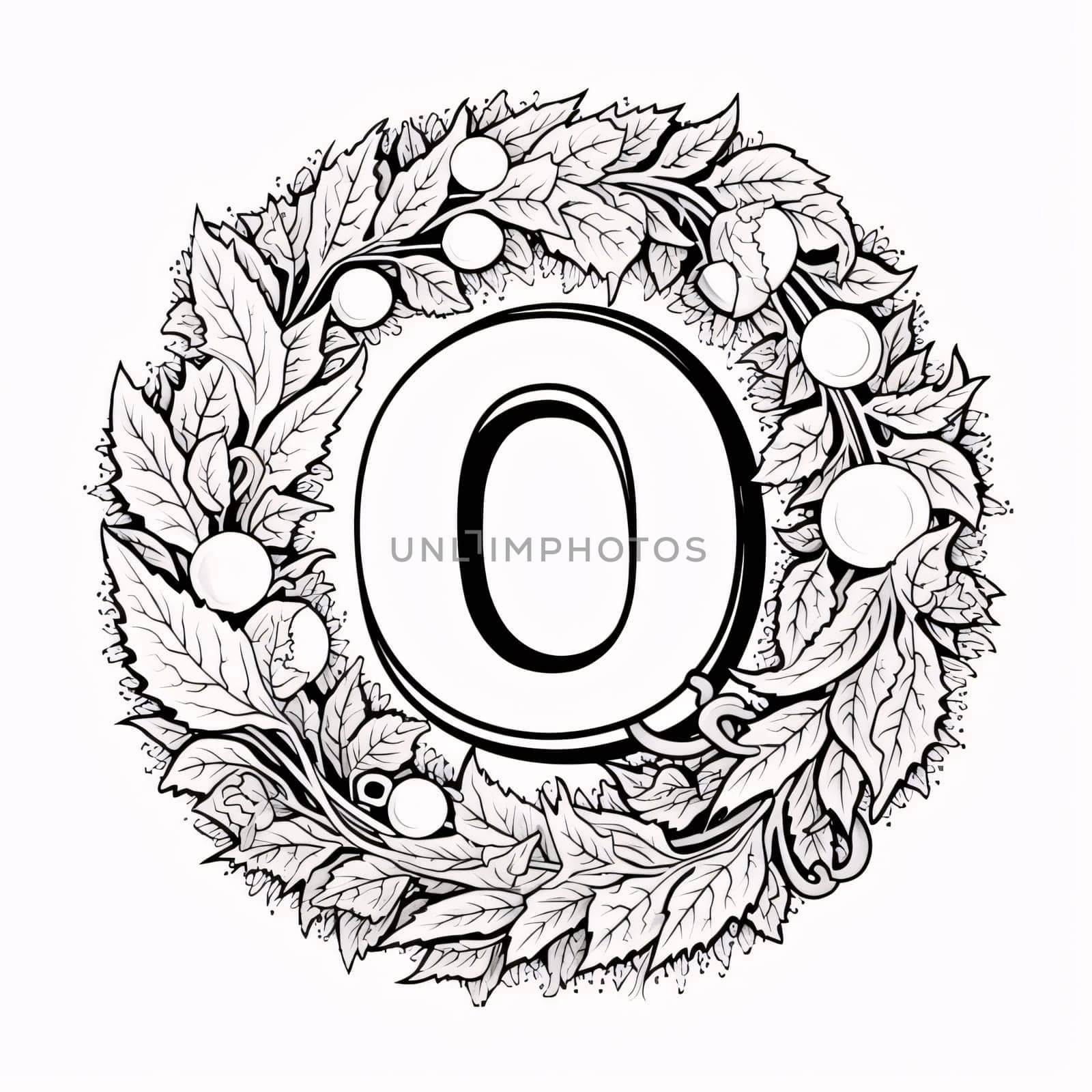 Alphabet letter O in floral wreath. Black and white vector illustration. by ThemesS