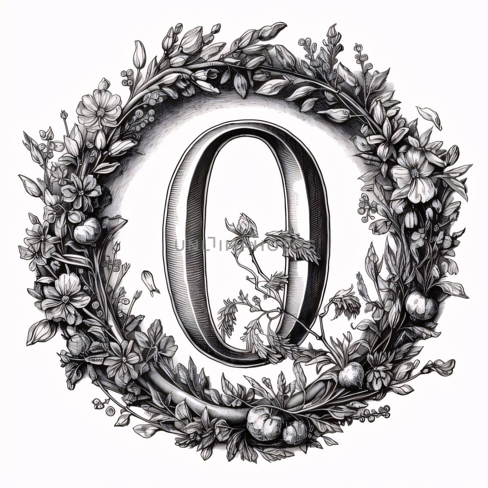 Graphic alphabet letters: Black and white engraving of letter O in floral frame.