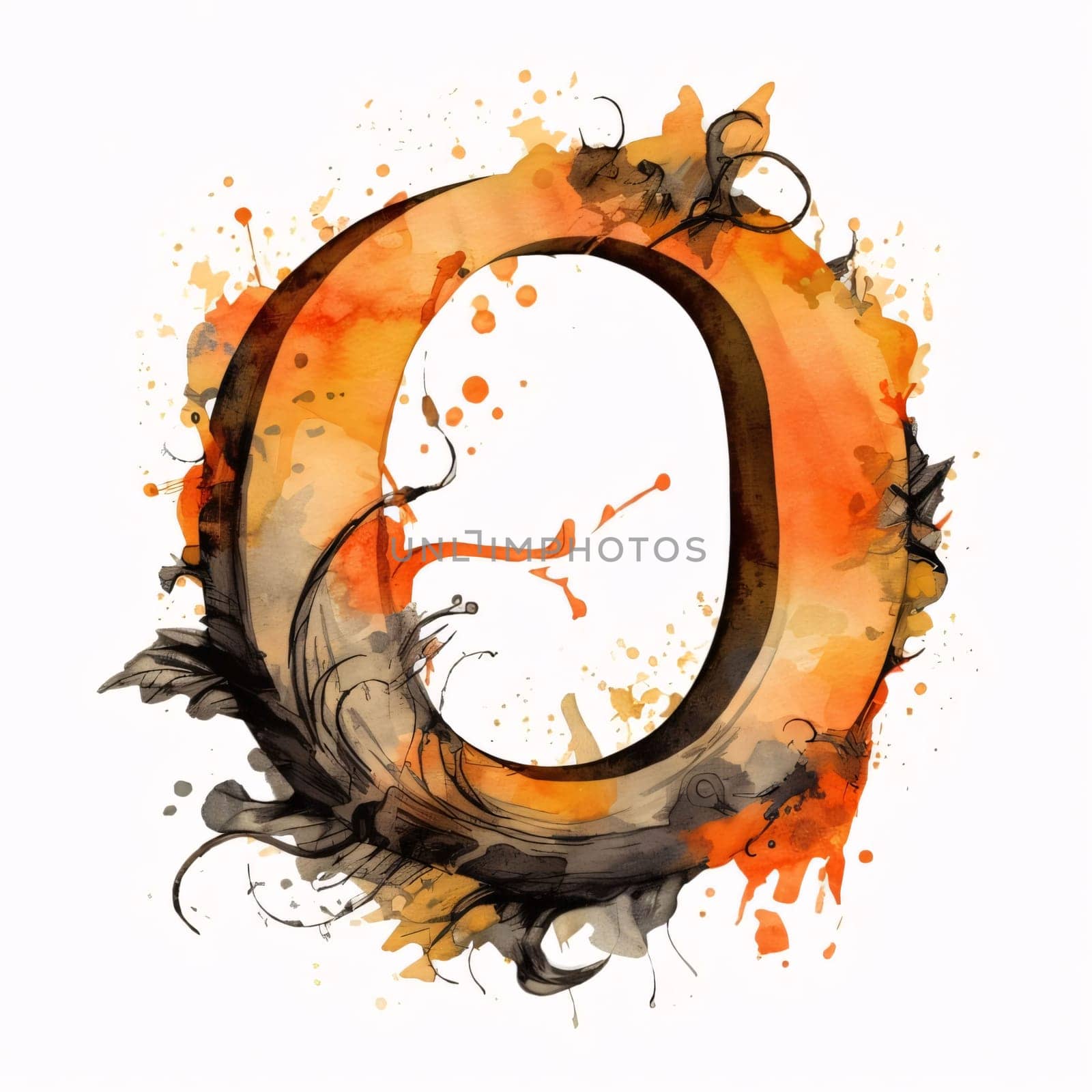 Alphabet letter O with watercolor paint splashes and blots by ThemesS