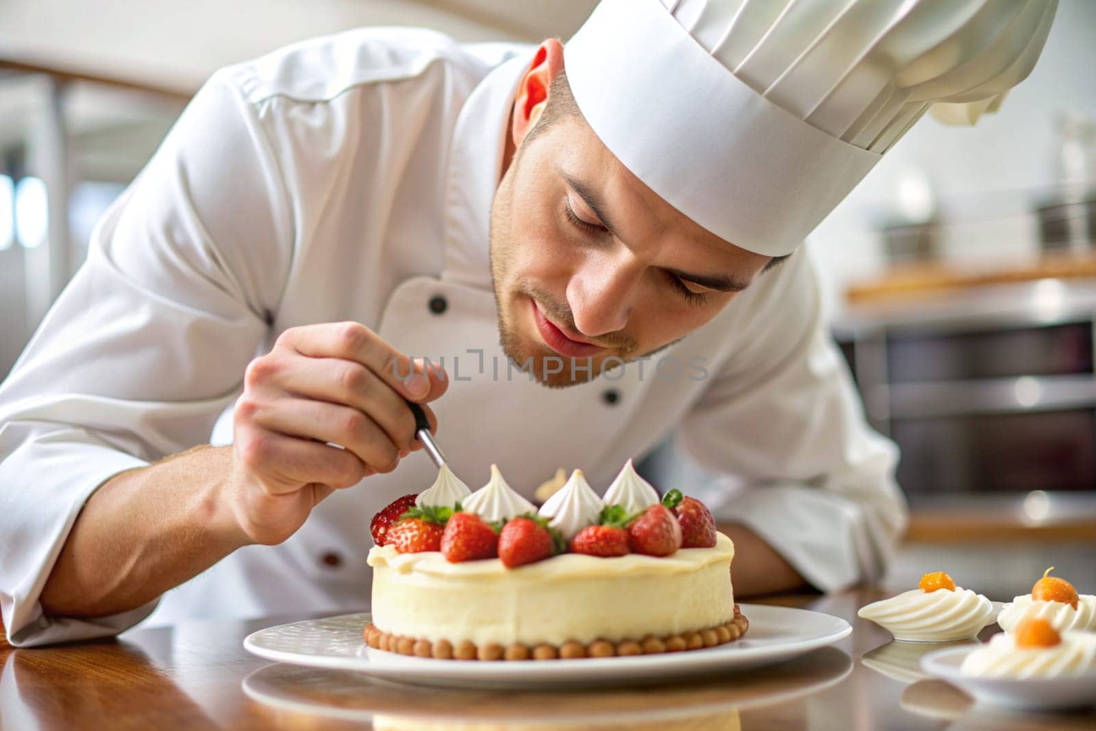 Man chef decorating strawberry cake in the kitchen. Male chef making a cake with cream. Ai generated by alenamoore