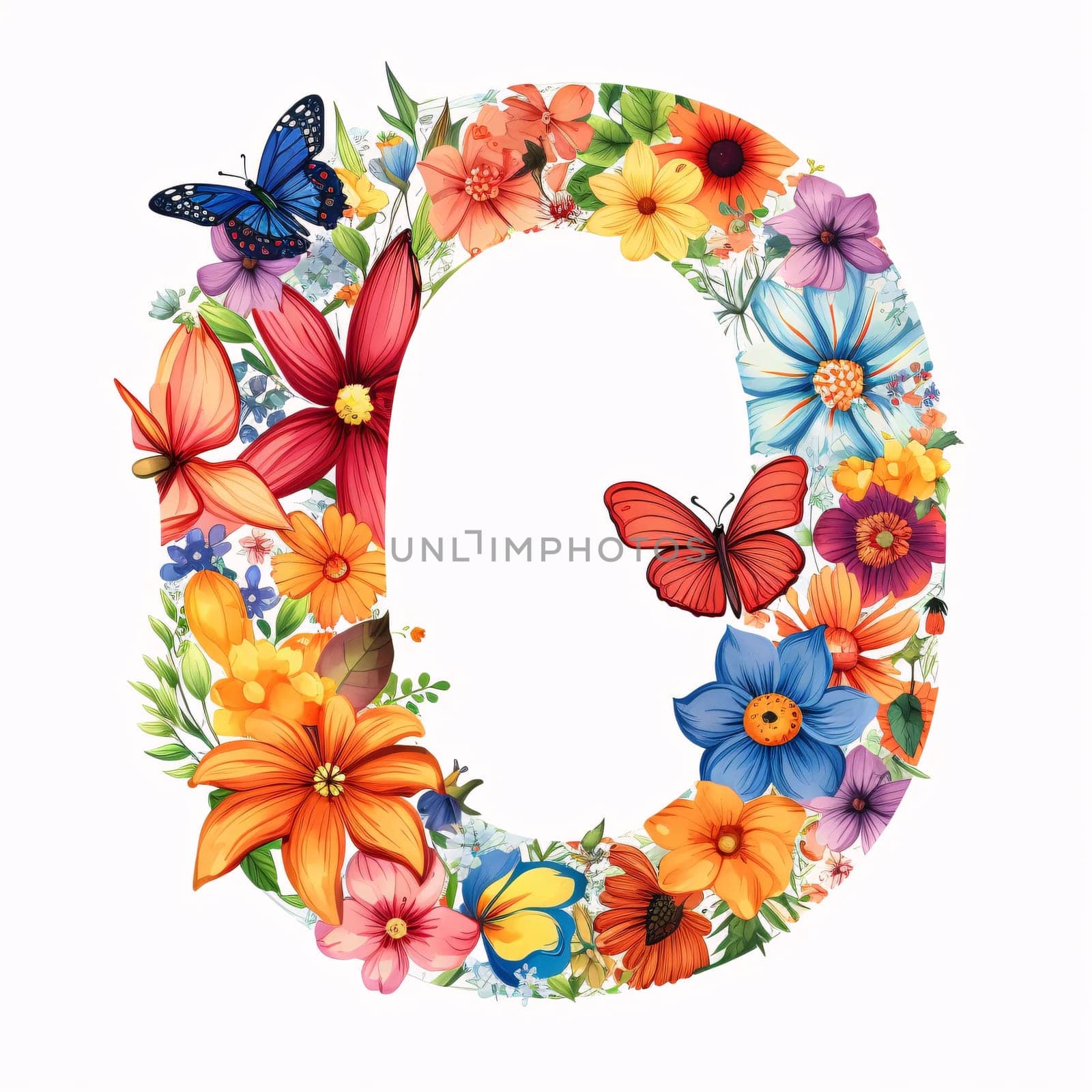 Floral alphabet. Letter O with flowers and butterflies. Vector illustration. by ThemesS