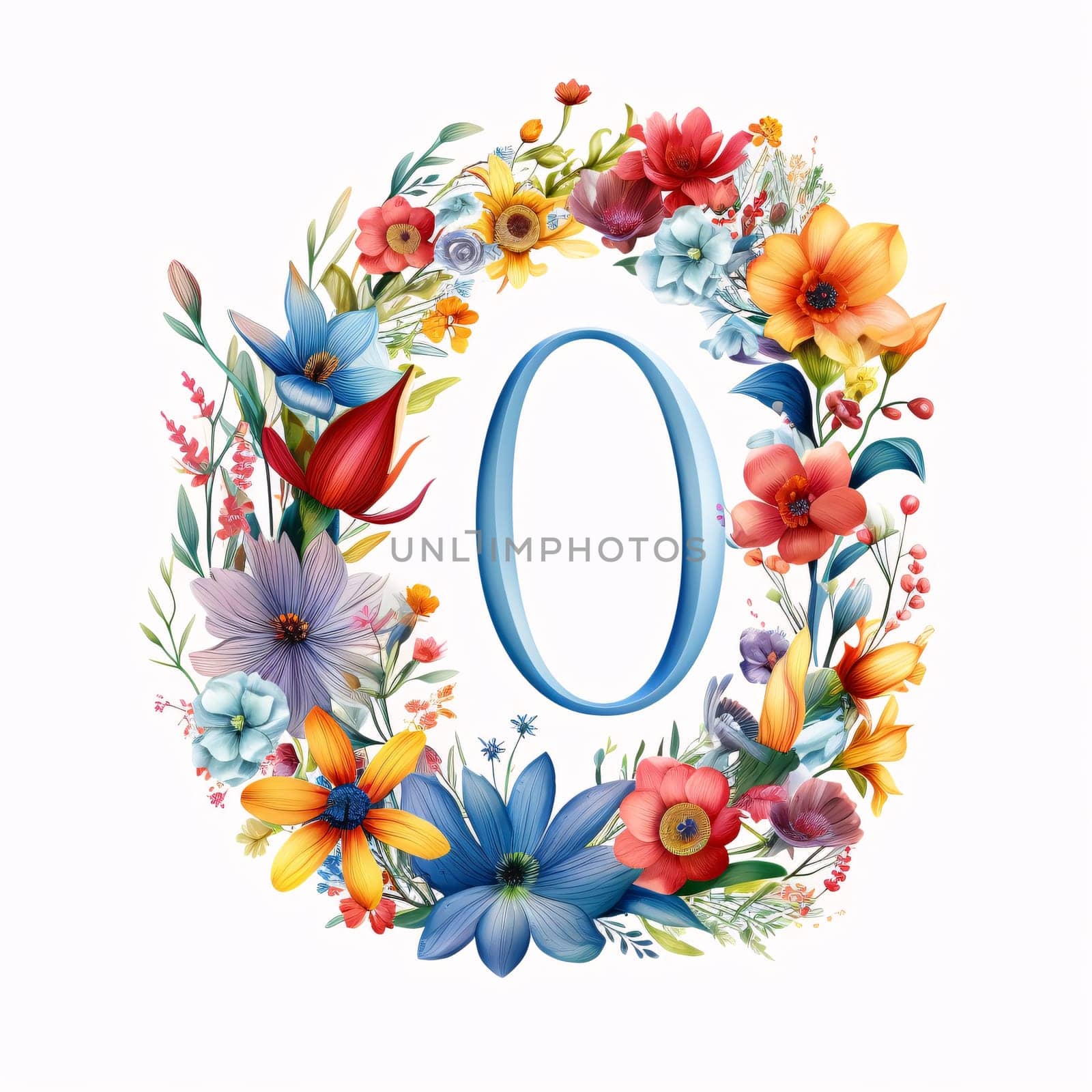 Graphic alphabet letters: letter O with flowers and leaves. Floral font. Vector illustration.