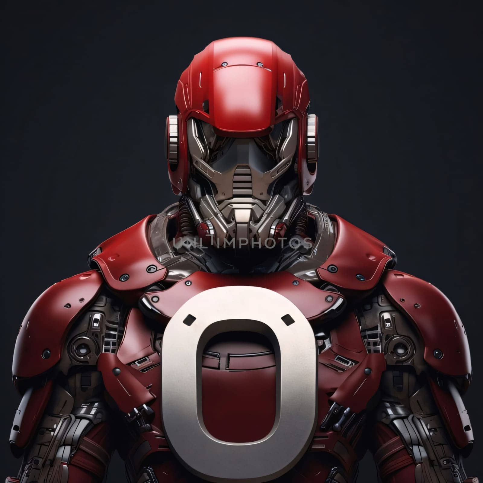 Cyborg with red helmet isolated on black background. 3d illustration letter O by ThemesS